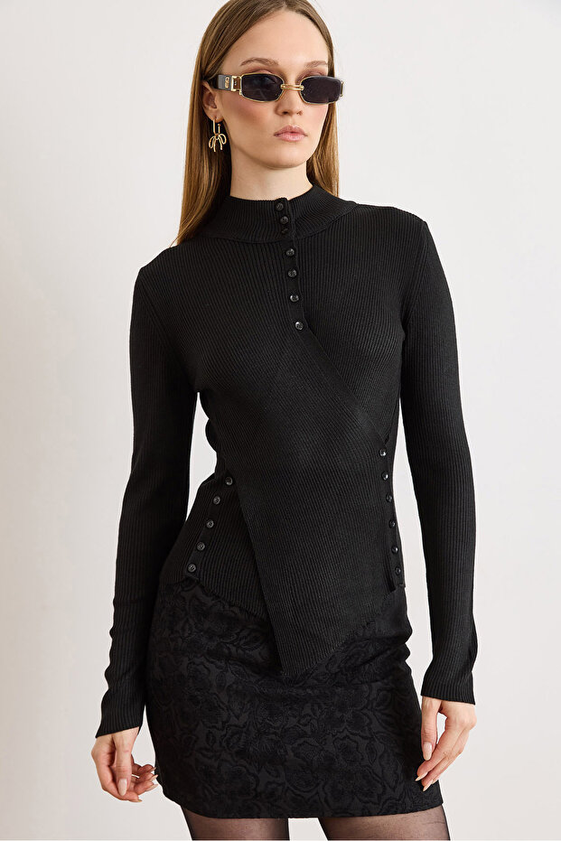 Women's Black Button Detailed Soft Textured Draped Knitwear Sweater Kzk-19001137