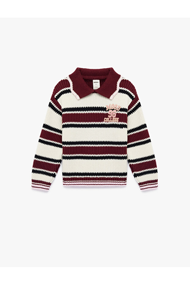 Cotton Long Sleeve Embroidery Detailed Striped Polo Collar Knitwear Sweater