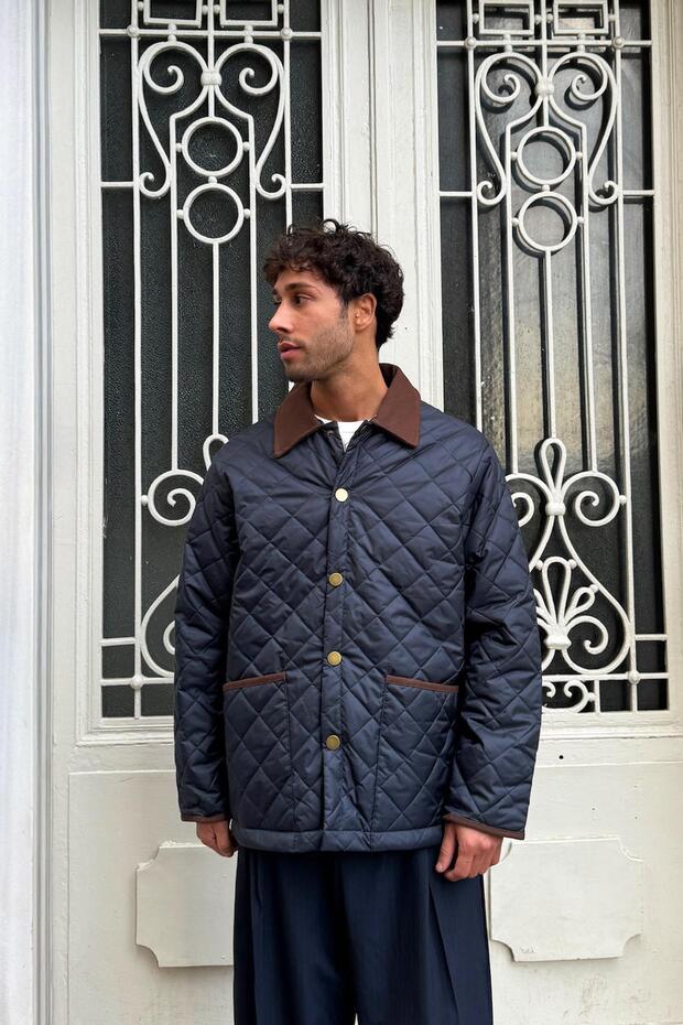 Front Pocket Detail Quilted Jacket Navy Blue