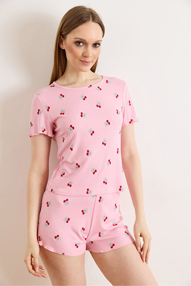 Women's Pink Cherry Viscose Shorts Pajama Set Pjm-00000029