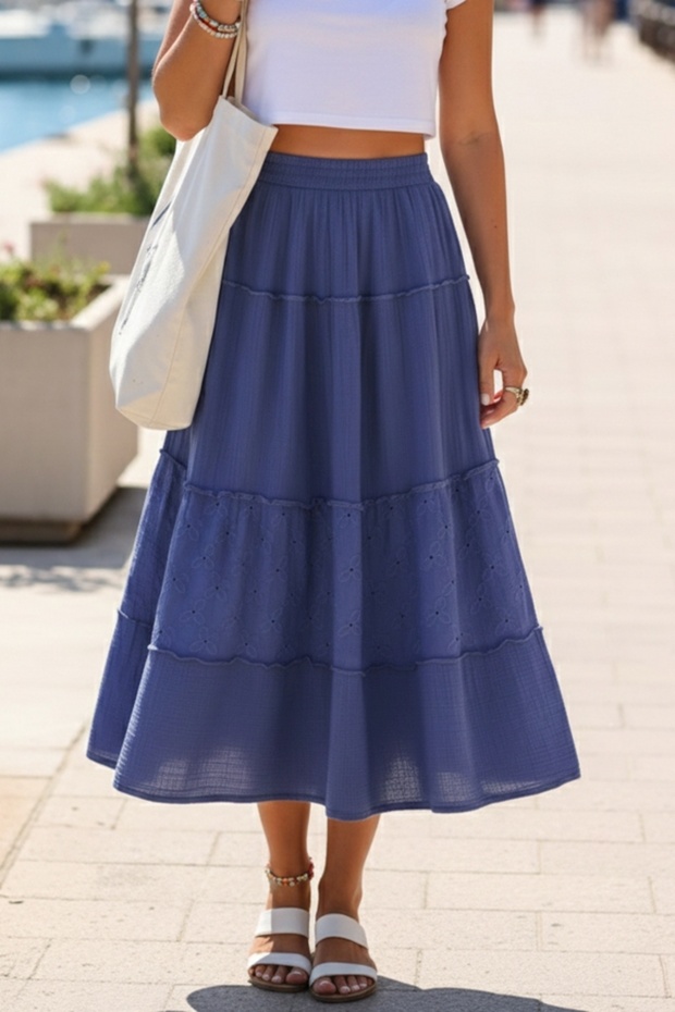Cobalt Blue Skirt with Ruffles and Embroidery, Elastic Waist, Casual Muslin Long Woven Skirt 92 65