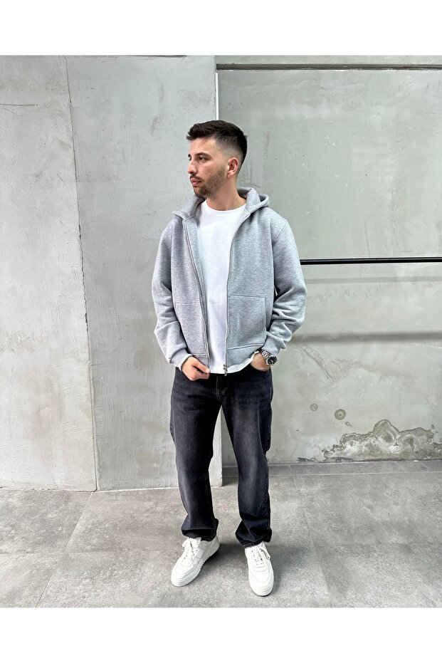 Erkek Kapüşonlu Basic Sweatshirt - 4