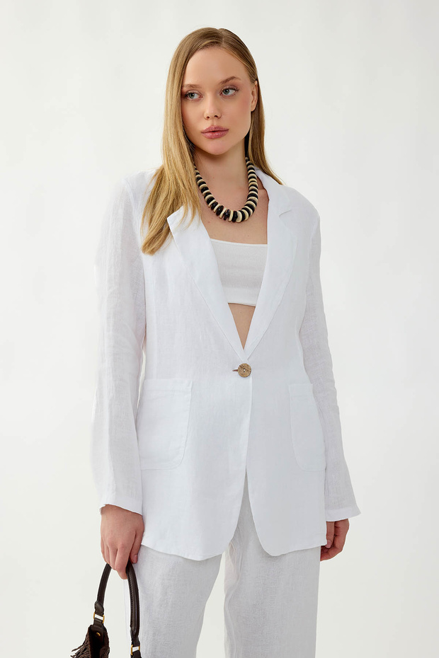 سترة من الكتان بنسبة 100% مع جيب بزر واحد - 2