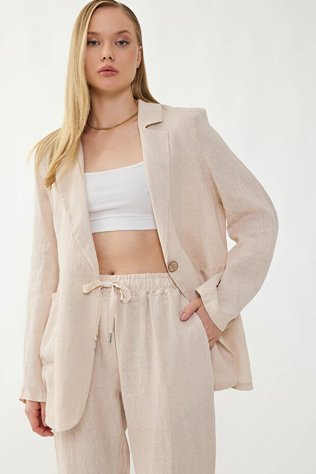 سترة من الكتان بنسبة 100% مع جيب بزر واحد - 3