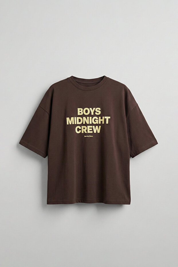 Men's Boxy Fit Crew Neck Letter Printed T-Shirt Brown