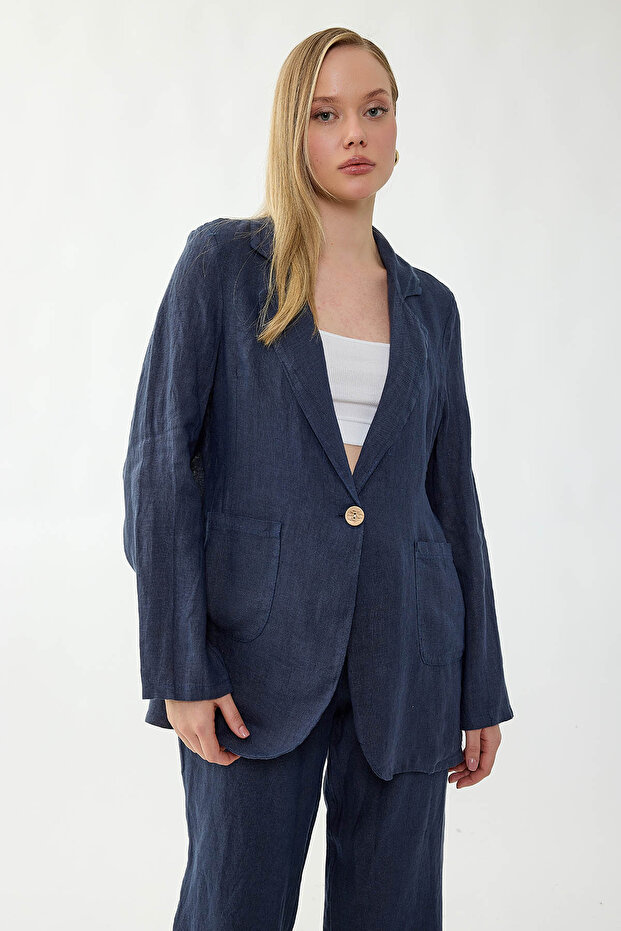 100% Linen Single Button Pocket Jacket - 4