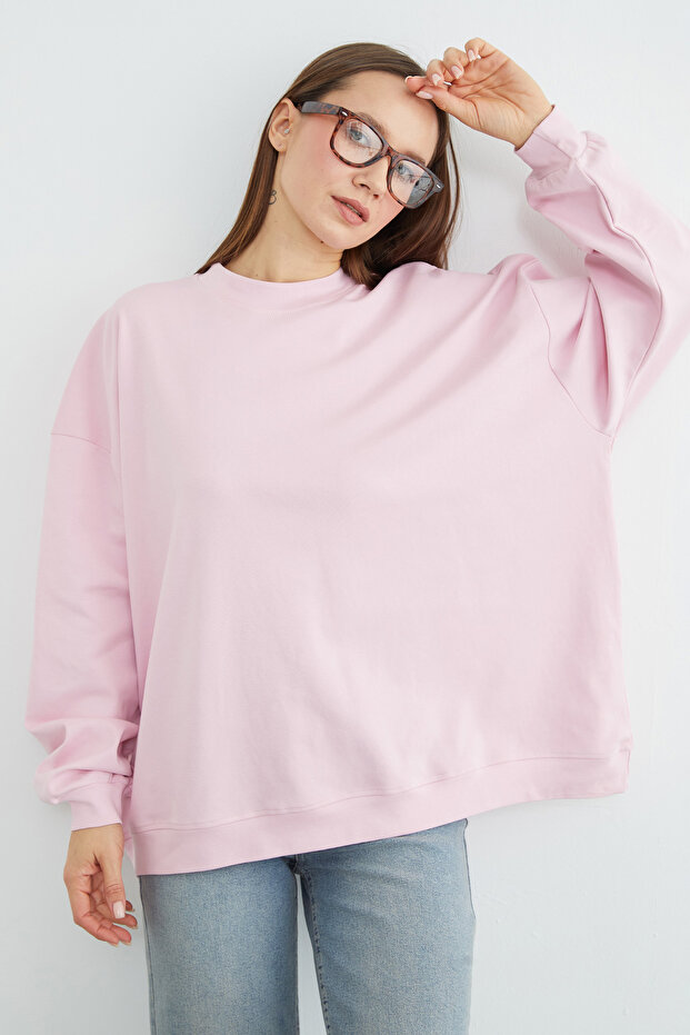 Basic Bisiklet Yaka Oversize Sweatshirt - 6
