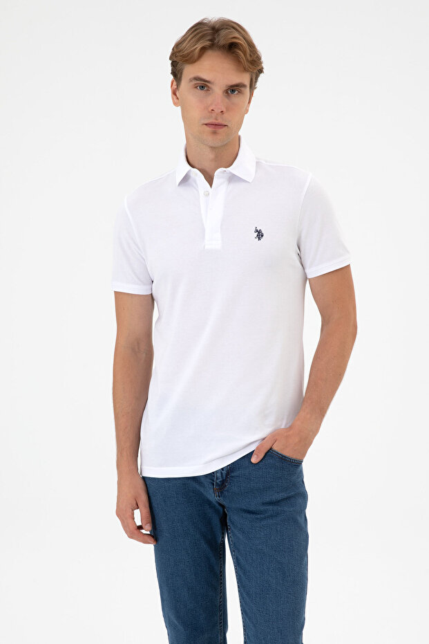 Men's Slim Fit Polo Collar White Basic T-Shirt 50306015-Vr013