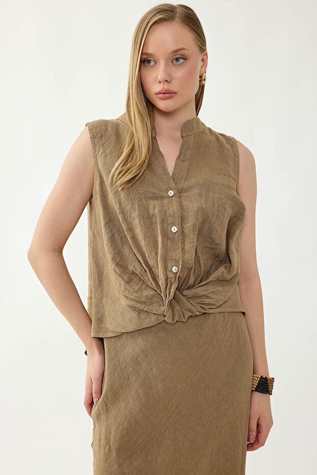 بلوزة من الكتان بنسبة 100% مع أزرار أمامية وربطة أمامية - 4