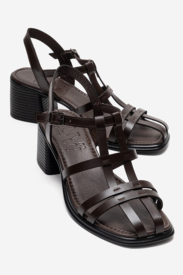 Cielos Brown Genuine Leather Women's Thick Heeled Sandals