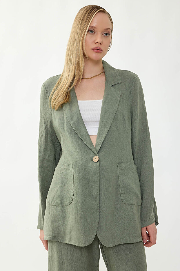 سترة من الكتان بنسبة 100% مع جيب بزر واحد - 7