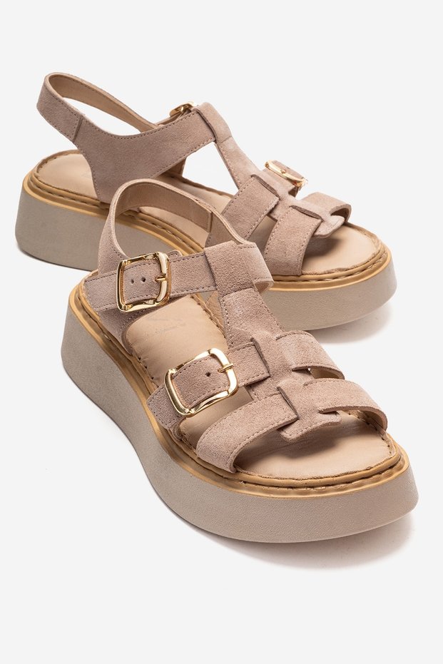 Loin Beige Suede Genuine Leather Buckle Women's Sandals