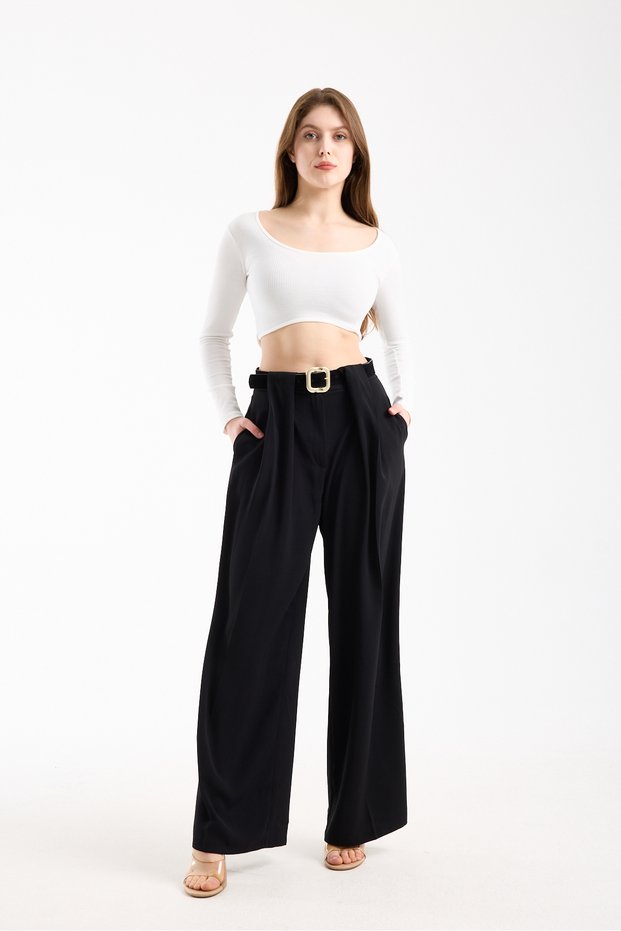 Belt Detail Textured and Drapey Business Palazzo Pants High Waist