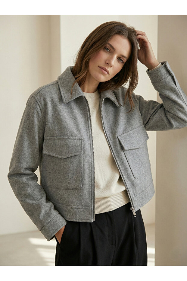 Soft Lined Cropped Jacket Gray - 1