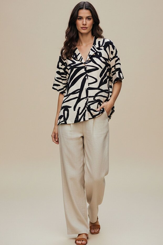 Women's Black Beige Patterned Oversize Short Sleeve Shirt, Relaxed Fit Summer Shirt