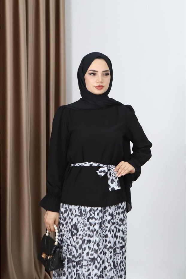 Leopard Printed Piece Pleated Skirt and Belt Detailed Double Suit Black Hnt8511