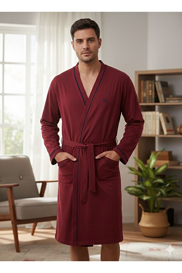 Men's Long Sleeve Side Pocket Detailed Seasonal Knee-Length Modal Robe