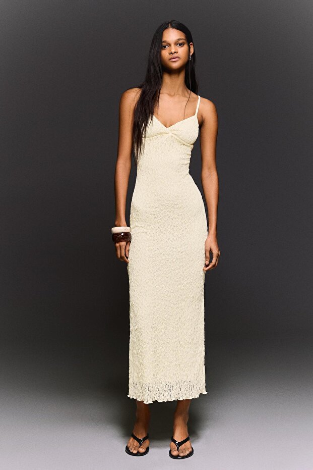 Dantelli askılı midi elbise - 1