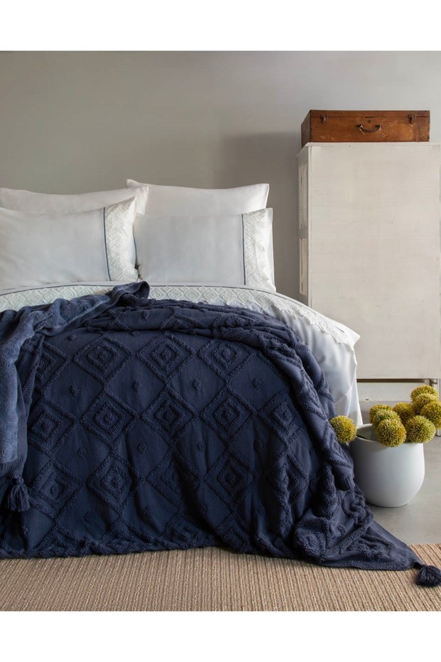 Double Ellion Indigo Knitted Duvet Cover Set with Blanket