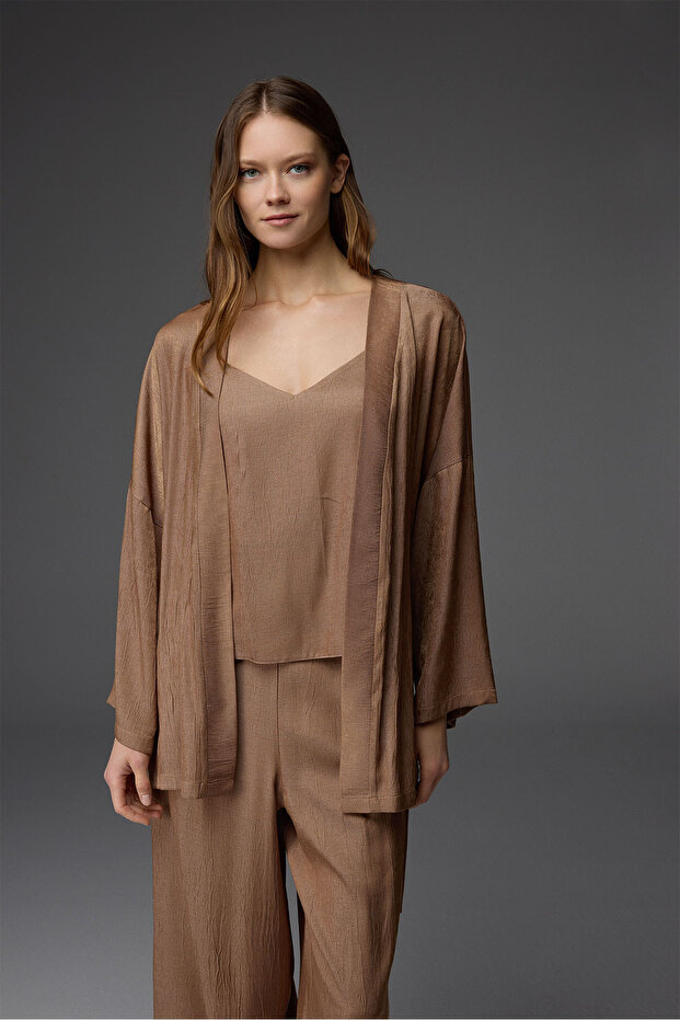Natural Viscose Strap Bustier Dressing Gown Trousers 3-Piece Set Bm-1808