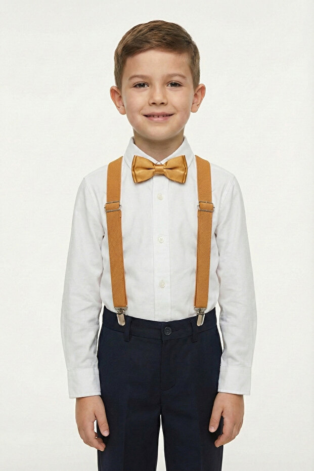 Boy's White Long Sleeve Shirt Orange Suspender Bow Tie Set April 23 October 29 Show Outfit
