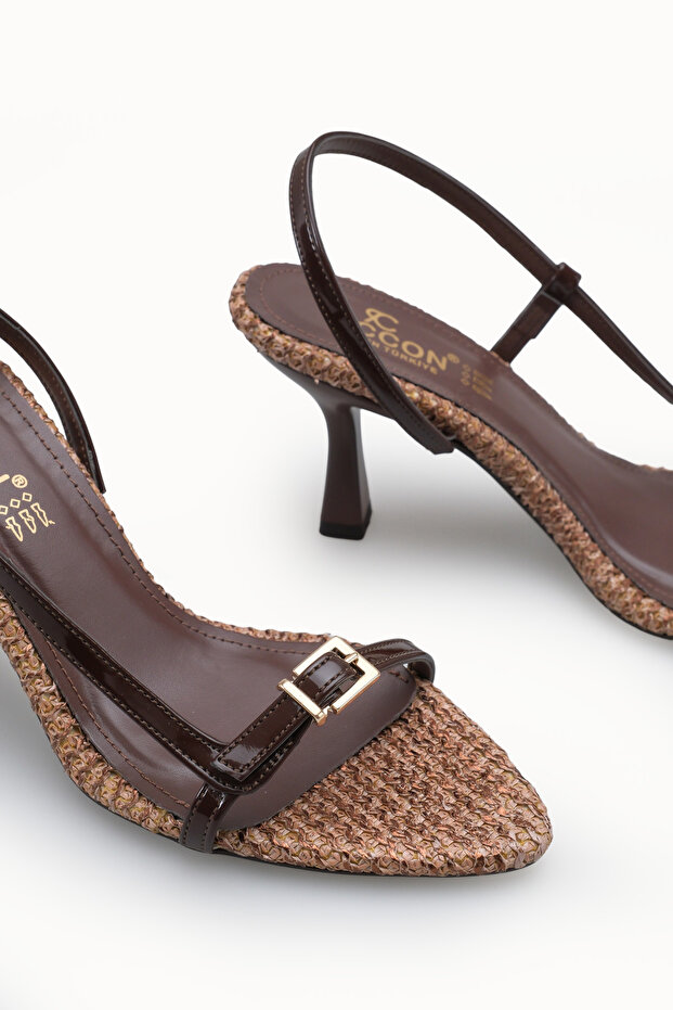 Women's Open-Back Thin-Heeled Shoes 00121901 Brown Straw