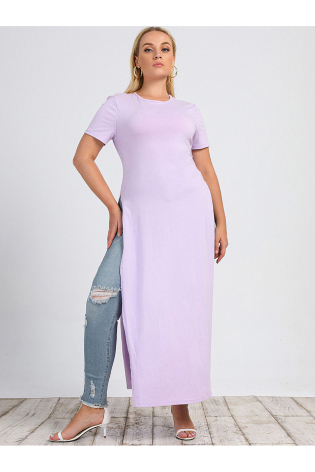 فساتين كاجوال برقبة لون سادة موحد وأكمام عادية بمقاسات كبيرة - 6