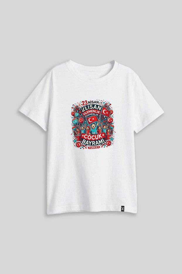 23 April Children's Day Printed Crew Neck White Children's T-Shirt T-Shirt