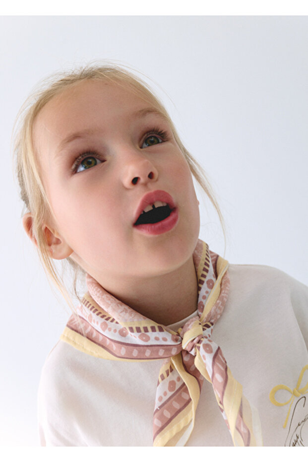 Girl's Patterned Scarf T-Shirt Beige 3009