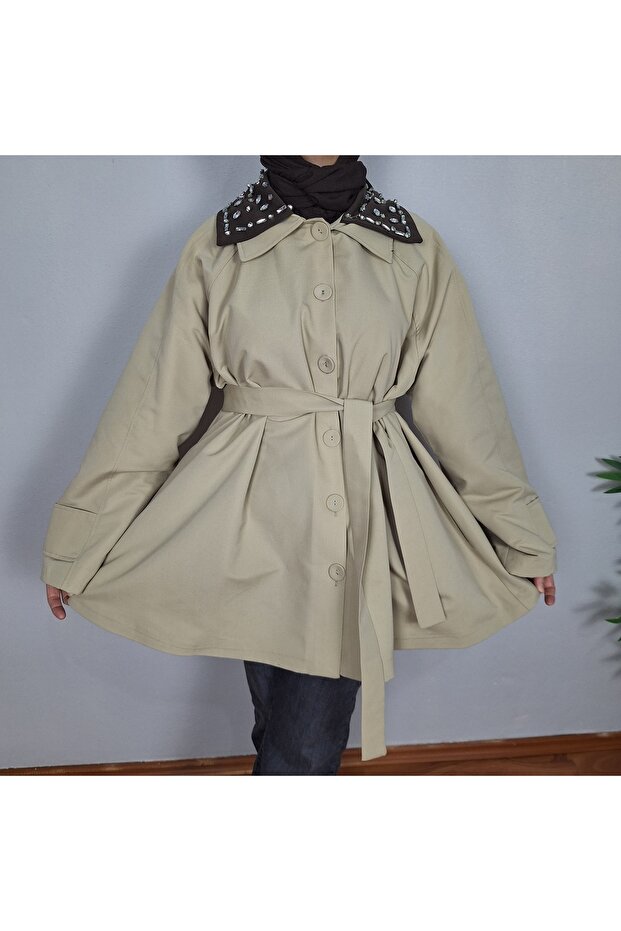 Taş işlemeli Bej Trenç - 1