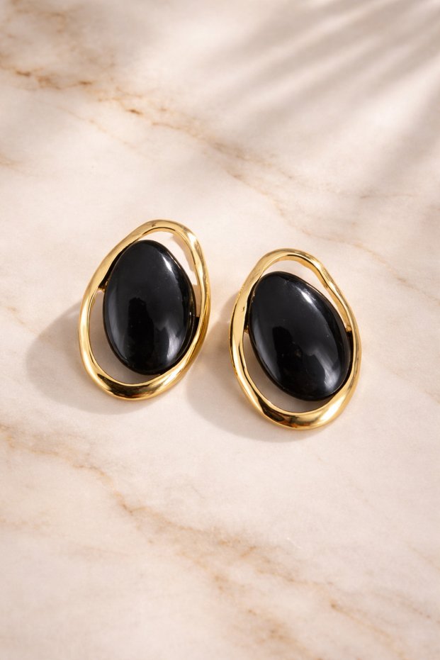 Gold Framed Black Oval Stone Earrings Stylish Women's Earrings with Shiny Metal Detail