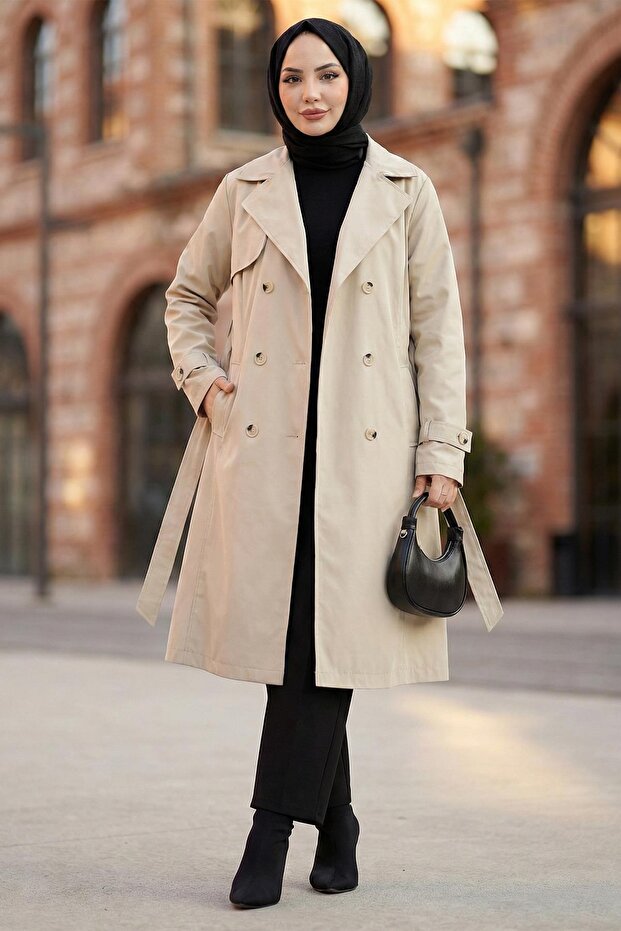 معطف طويل بأزرار وحزام بلون الحجر HM2890