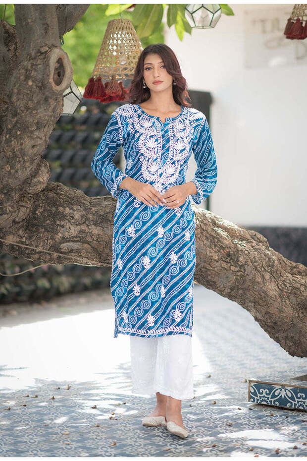 Blue Rayon Bandhani Printed Kurta