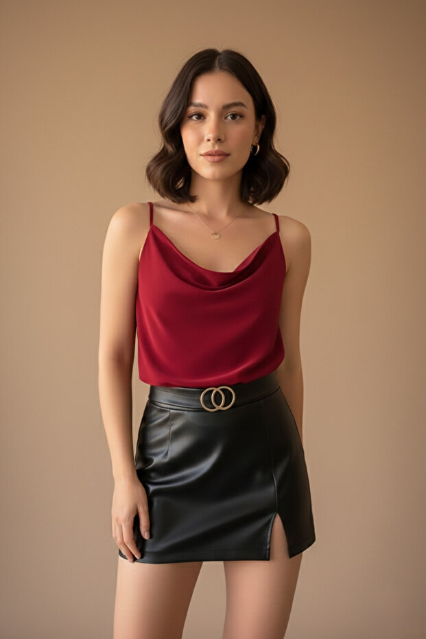 Women's Burgundy Degaje Collar Adjustable Rope Strap Sandy Fabric Athlete Blouse