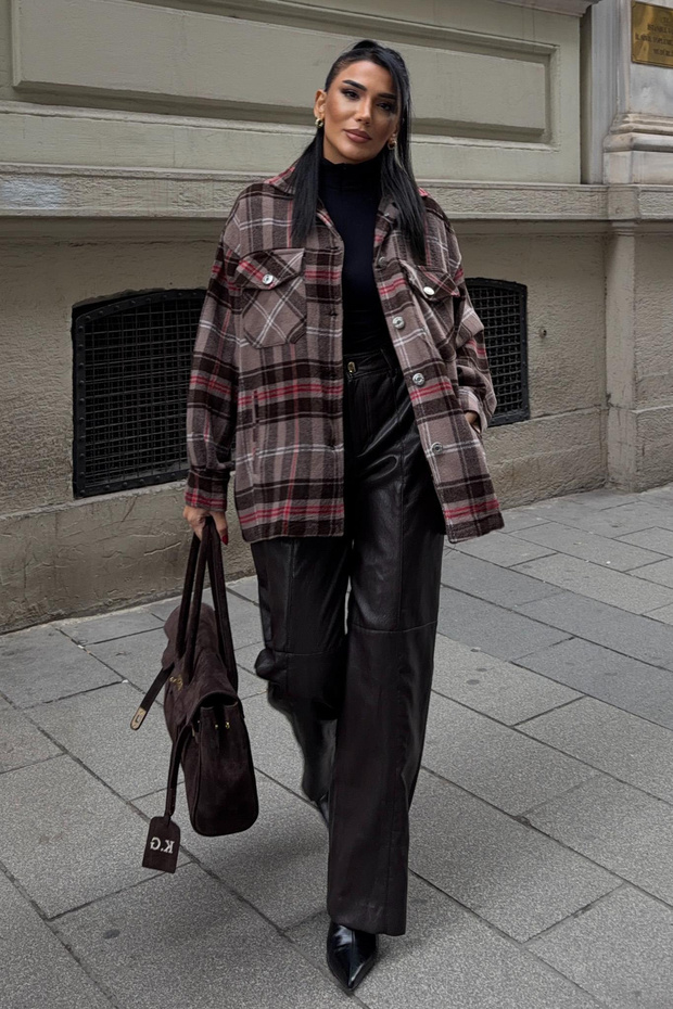 Plaid Patterned Brown Shirt Jacket - 3