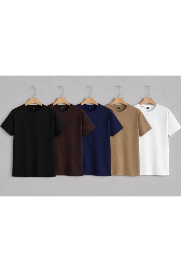 Set of 5 Men's Short-Sleeved Plain Basic Crew Neck T-Shirts, Comfortable and High Quality, Stretchy Cotton T-Shirts