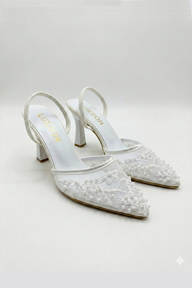 Women's White Tulle Mesh Bead Embroidered Stiletto Open Back Evening Dress Pointed Toe Heeled Shoes