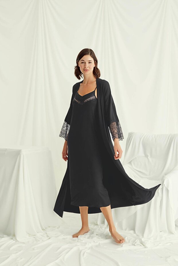 Women's Low-Cut Collar and Sleeve Lace Dressing Gown Set 18507