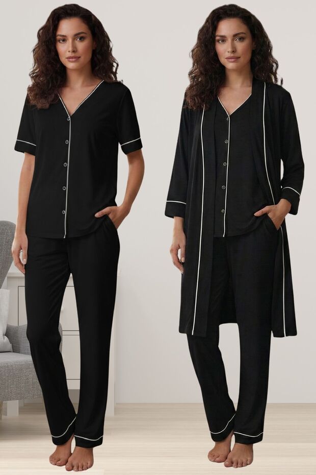 Comfortable Cut Maternity Pajama Set with Dressing Gown Effortt - Black