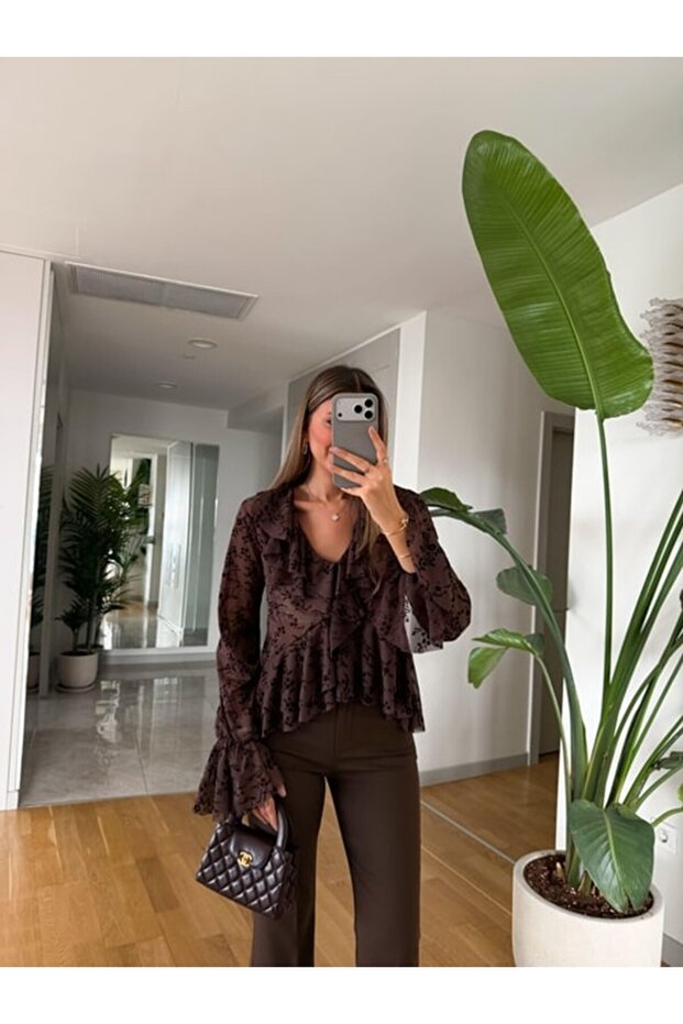 Women's Brown Floral Print Ruffle Tulle Blouse