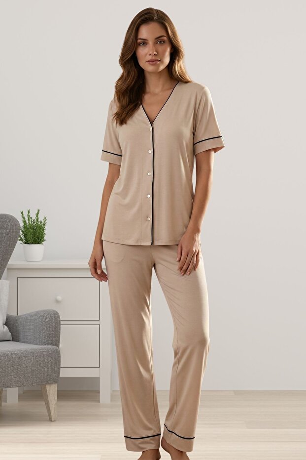 Cotton Piece Fabric Button-Front Comfortable Cut Maternity Pajama Set Effortt - Beige
