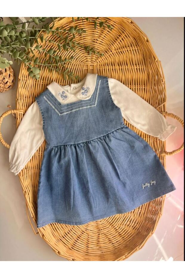 Jasmine Flower Embroidery Blouse and Denim Dress