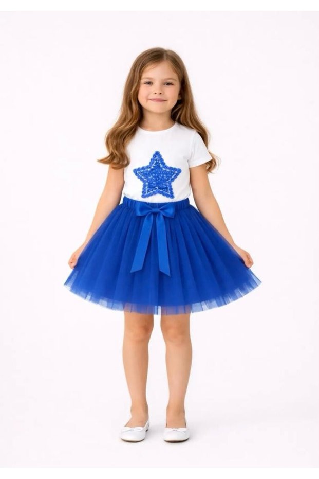 Girls' April 23 October 29 Special Occasions Show Outfit Short Sleeve Star T-Shirt and Tutu Skirt Set