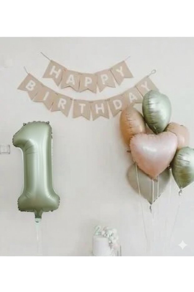 Mold Green Foil Balloon Kraft Happy Birthday Banner and Cream Green Heart Foil Balloon Set