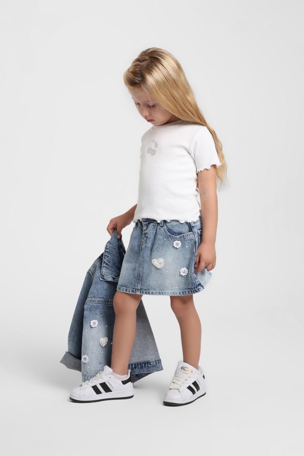 Baby Girl 1-5 Years Stone Embroidered Soft D Denim Skirt Denim Blue