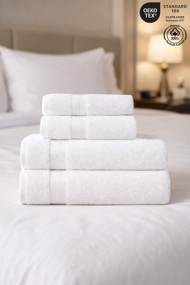 4-Piece White Hotel Towel Set 100% Certified Cotton , Head and Body Towel Set 50X80Cm - 70X130Cm
