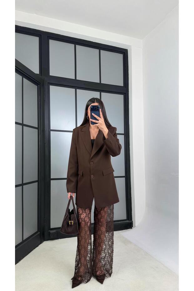 Coffee Lined Padded Shoulders Jacket with Elastic Waist Lace Pants Double Premium Suit Gaus-01220