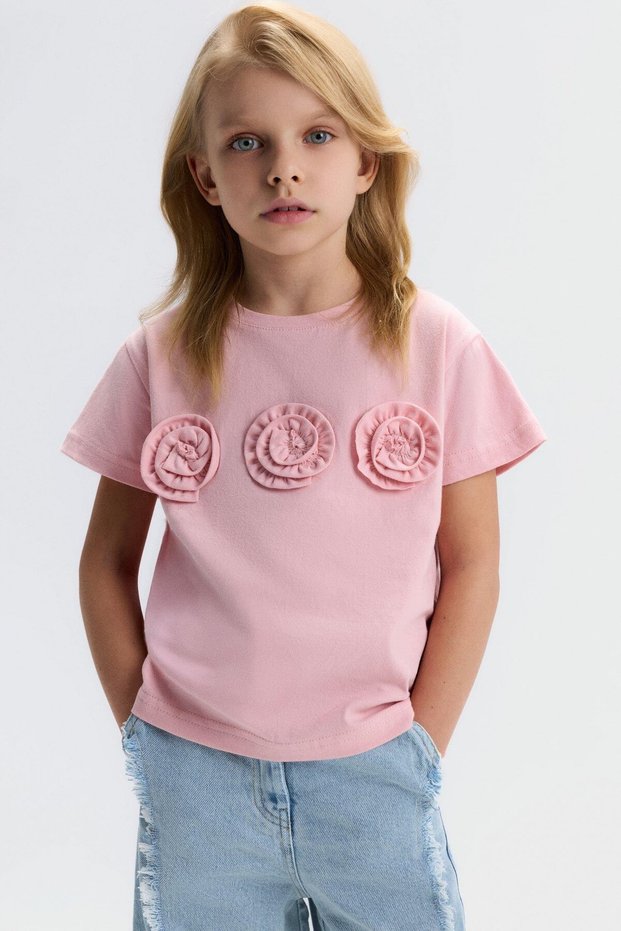 Girl's 4-8 Years Old Three-Dimensional Rose Detailed T-Shirt Pink