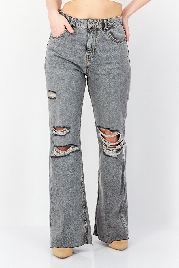 Women Flare Fit Ripped Non Stretchable Jeans, Grey