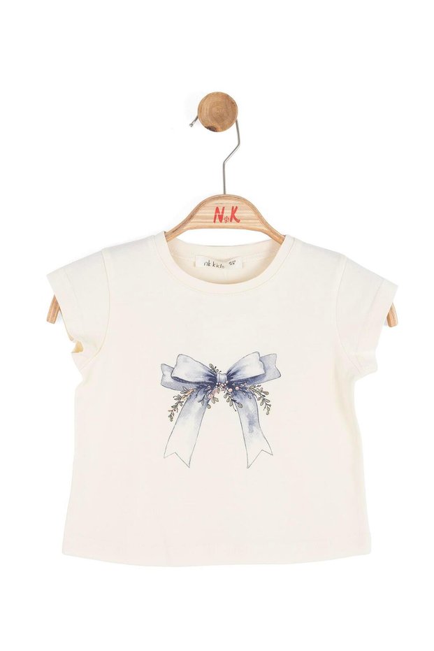 Baby Girl 1-4 Years Pearl Bow Print Short Sleeve T-Shirt Cream